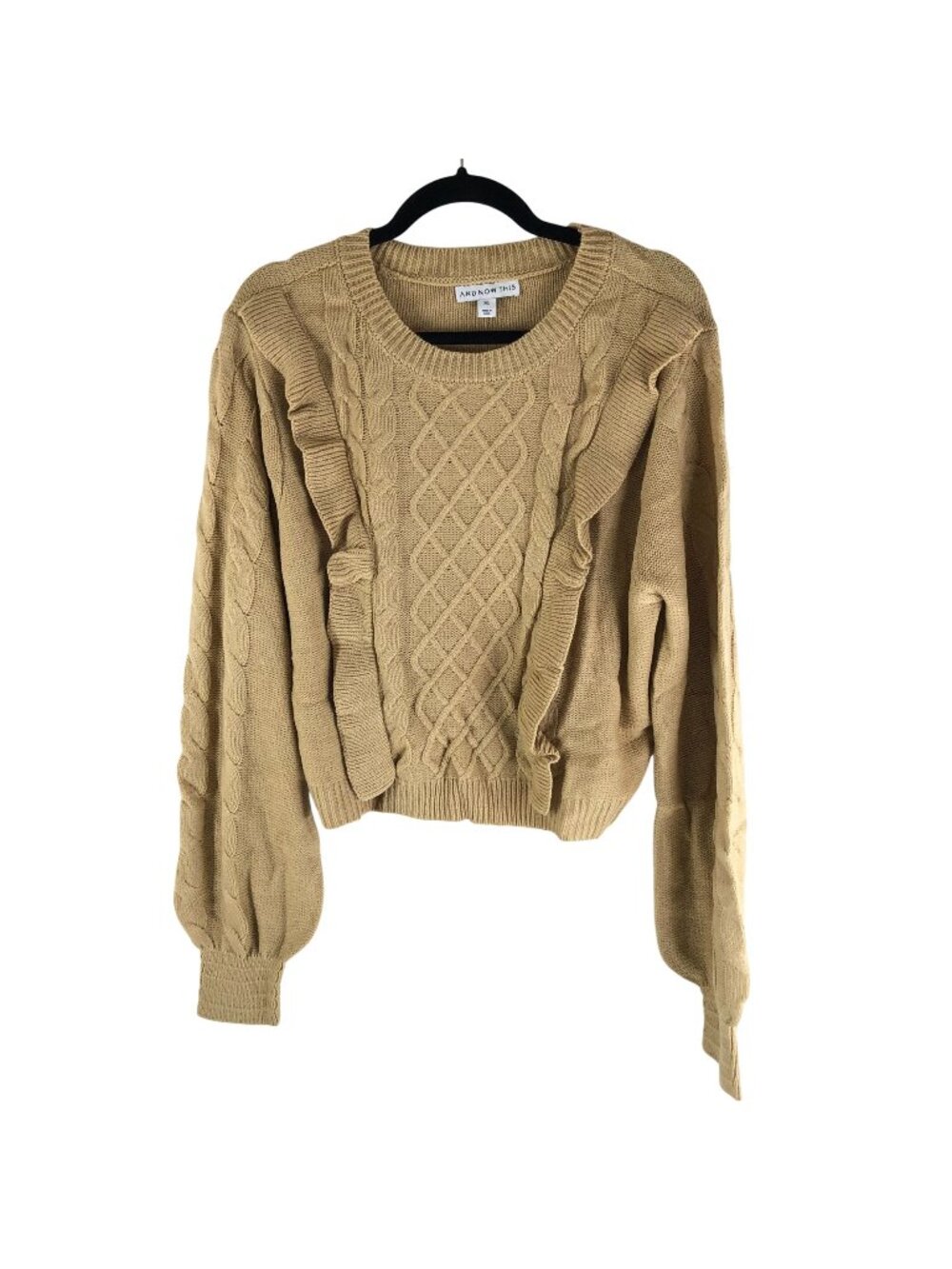 And Now This Womens Sweater Cable Chunky Knit Ruffle Puff Sleeve Beige XXL